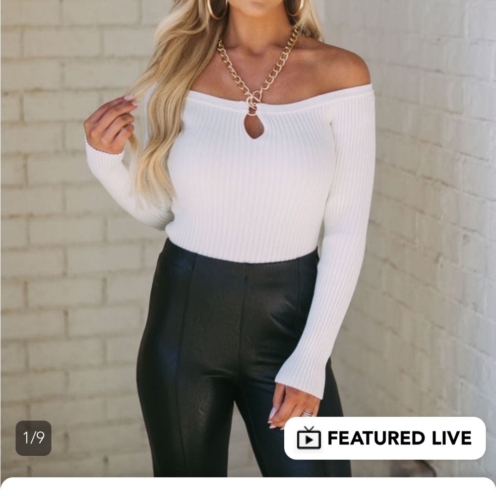 Gold chain detail off the shoulder white top
